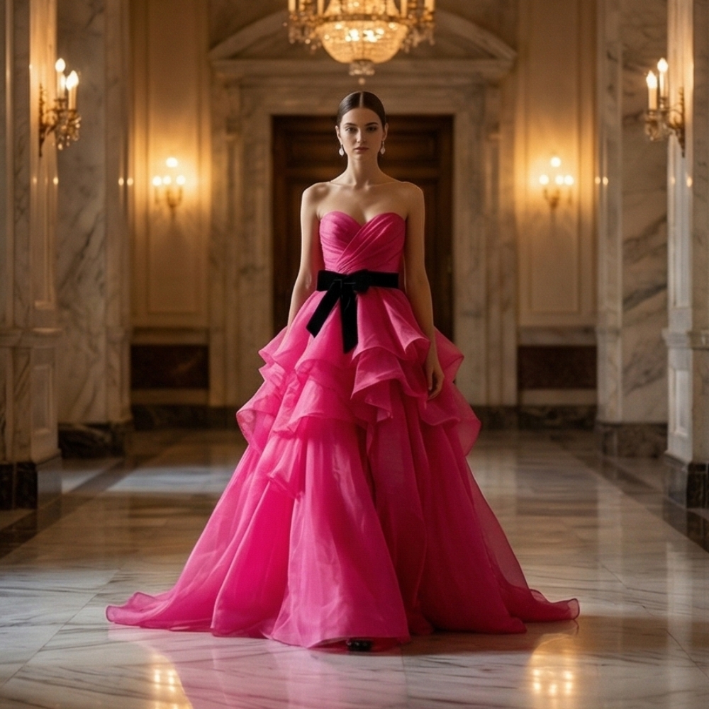 Hot Pink Organza Sweetheart Strapless Lace Up Back Black Sash Prom Ball Gown 10